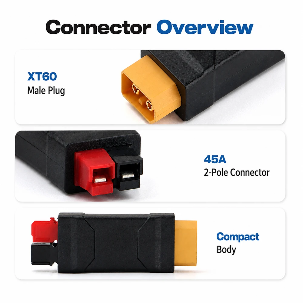 XT60 Male to 45A High Current Female Adapter Connector, 45A 12-24V DC Power Plug for Drone Battery Solar Wind Power System
