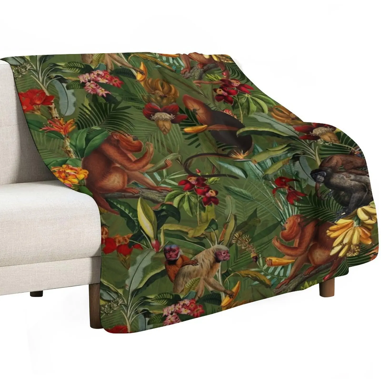 Tropical monkey jungle pattern - dark green Throw Blanket Plaid on the sofa Luxury Thicken Sofas Sofa sofa bed Furry Blankets