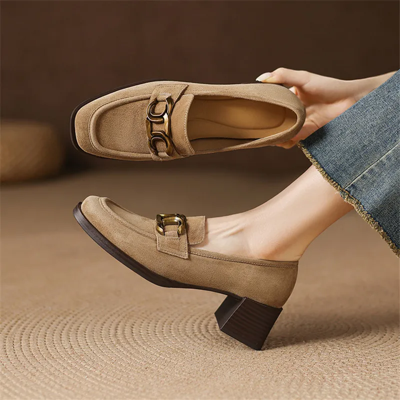 

Новая весенне-осенняя женская обувь из овечьей замши, модная женская обувь в стиле ретро с квадратным носком, женские туфли-лодочки на высоком каблуке, лоферы ручной работы