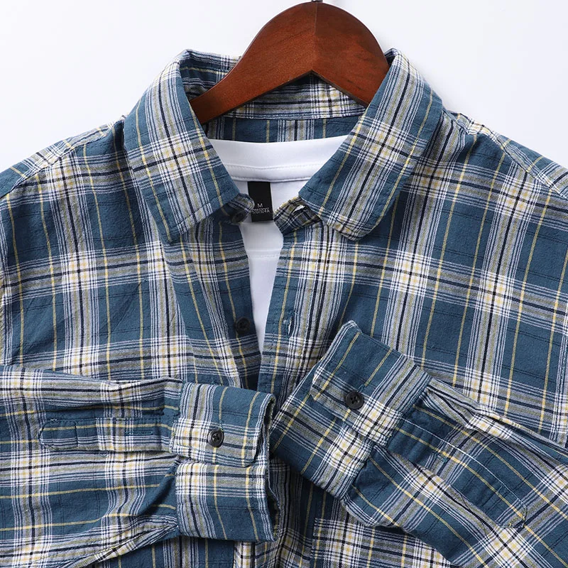 

Men's Long Sve irt Casual Small Clear Plaid Retro Japanese Sle Spring Faion Outerwear Stand Fit Youth Trend