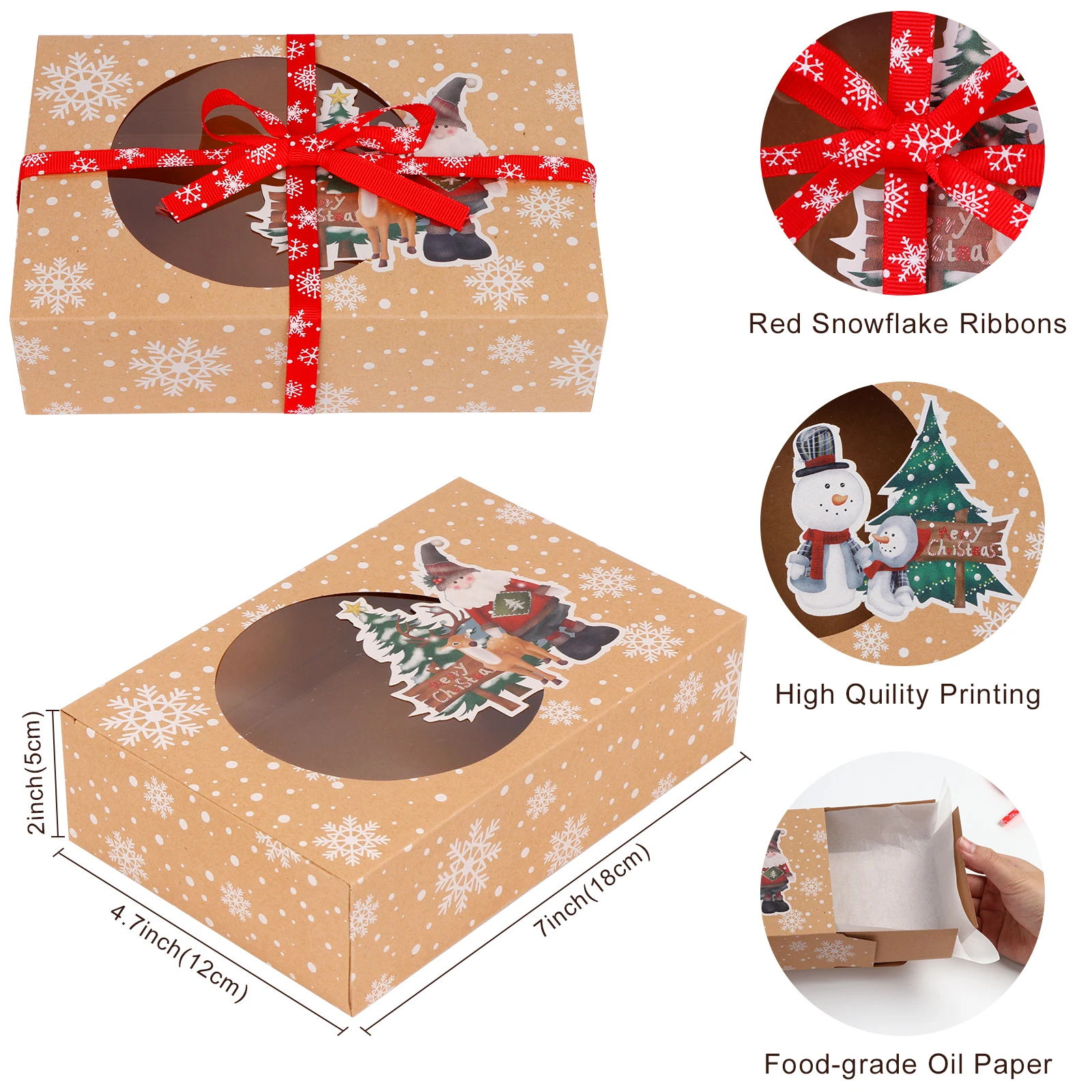 OurWarm Christmas Candy Box Kraft Paper Cookie Boxes with Clear Window New Year Favors Boxes for Cookies Treats Party Decoration