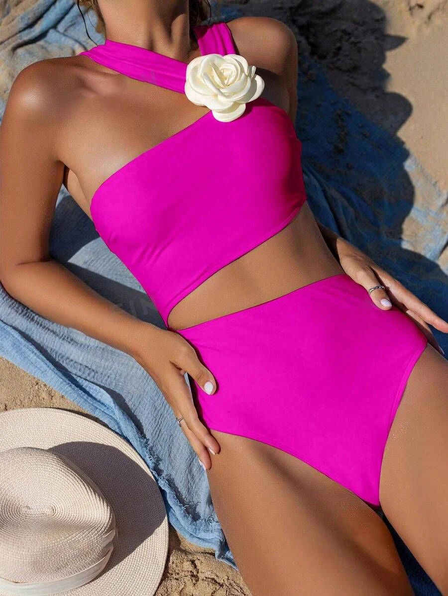 Bikini Sexy de flores en 3D para mujer, traje de baño de una pieza con cuello Halter recortado, bragas de Color sólido con espalda descubierta, ropa de playa