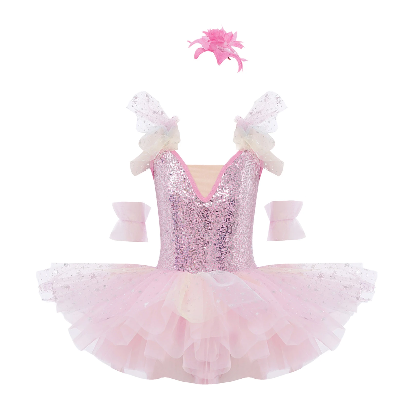 الفتيات الترتر الباليه توتو فستان تكدرت الأكمام قابل للتعديل الكتف الأشرطة تول فستان وأغطية الرأس الأصفاد فستان راقصة الباليه يوتار