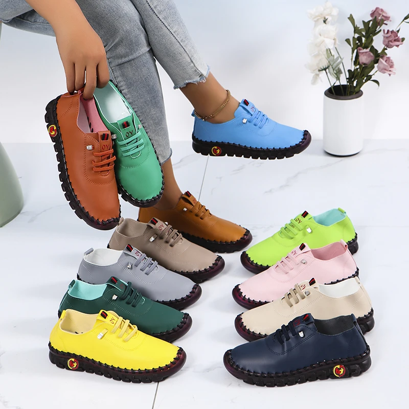 

Women Sneakers 2025 New Flat Running Shoes Elastic Straps Comfortable Sneakers Women Large Size Soft Leather Sports Shoes Women