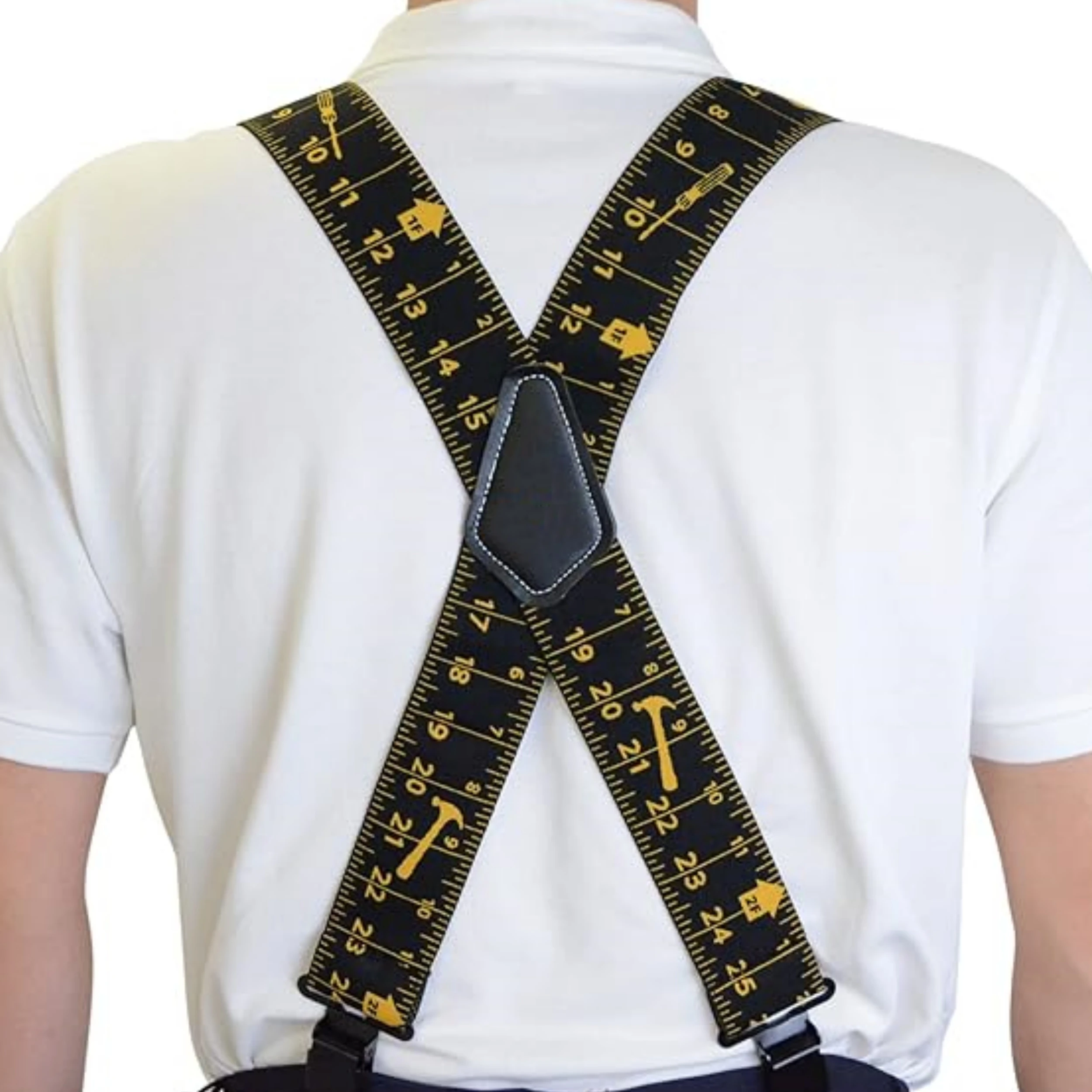 Durable Men's 2-Inch Wide X-Back Adjustable Elastic Work Suspenders with Heavy-Duty Clips and Black Tape Measure Design Braces