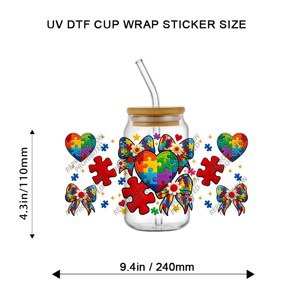 New Autism Awareness Series 3D Pattern Transfer Stickers for Glasses Autism Mom Era Fade Resistant UV DTF Cup Decals for Libbey view 2