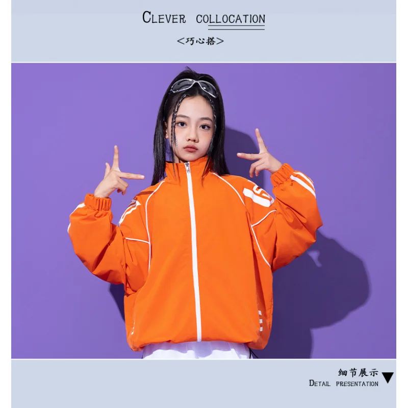Kids Jazz Street Dance Costume Set Boys Fashion Orange Long Sleeved Jacket White Pants Set