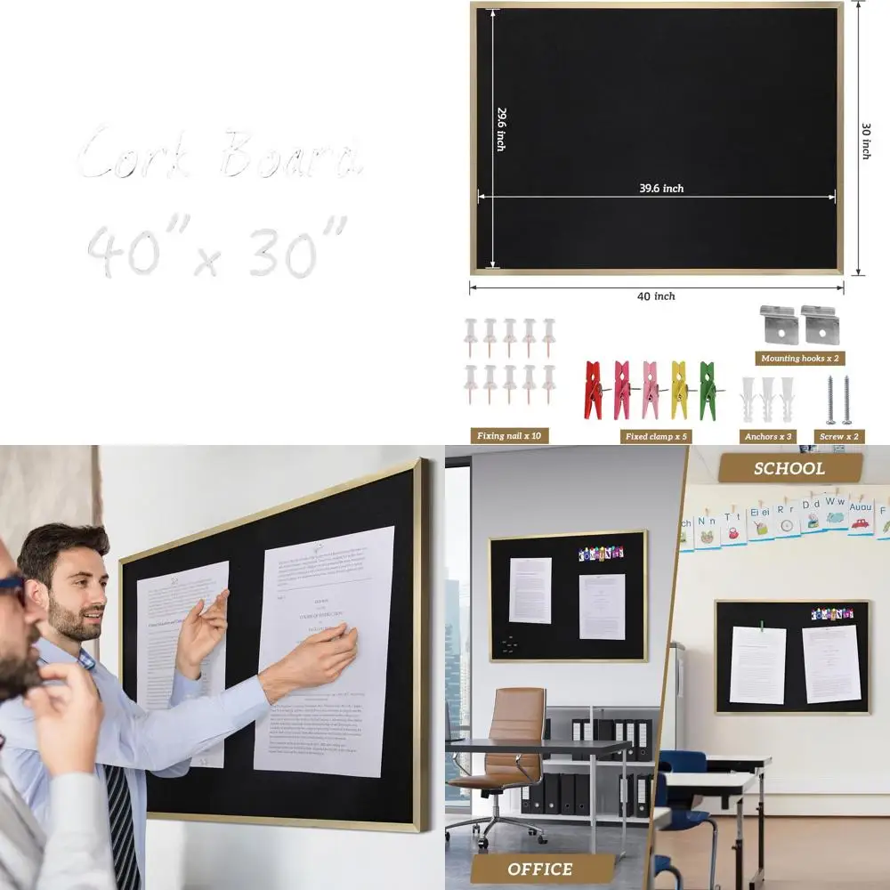 

Gold Framed 40x30 Black Corkboard with 10 Pins, Premium Message Board for Home, Office, and School