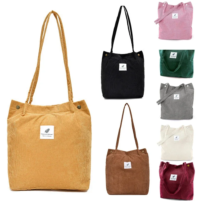 Bolsa feminina de veludo simples e moderna, reutilizável, grande capacidade, compras escolares, casual, bolsa de ombro simples