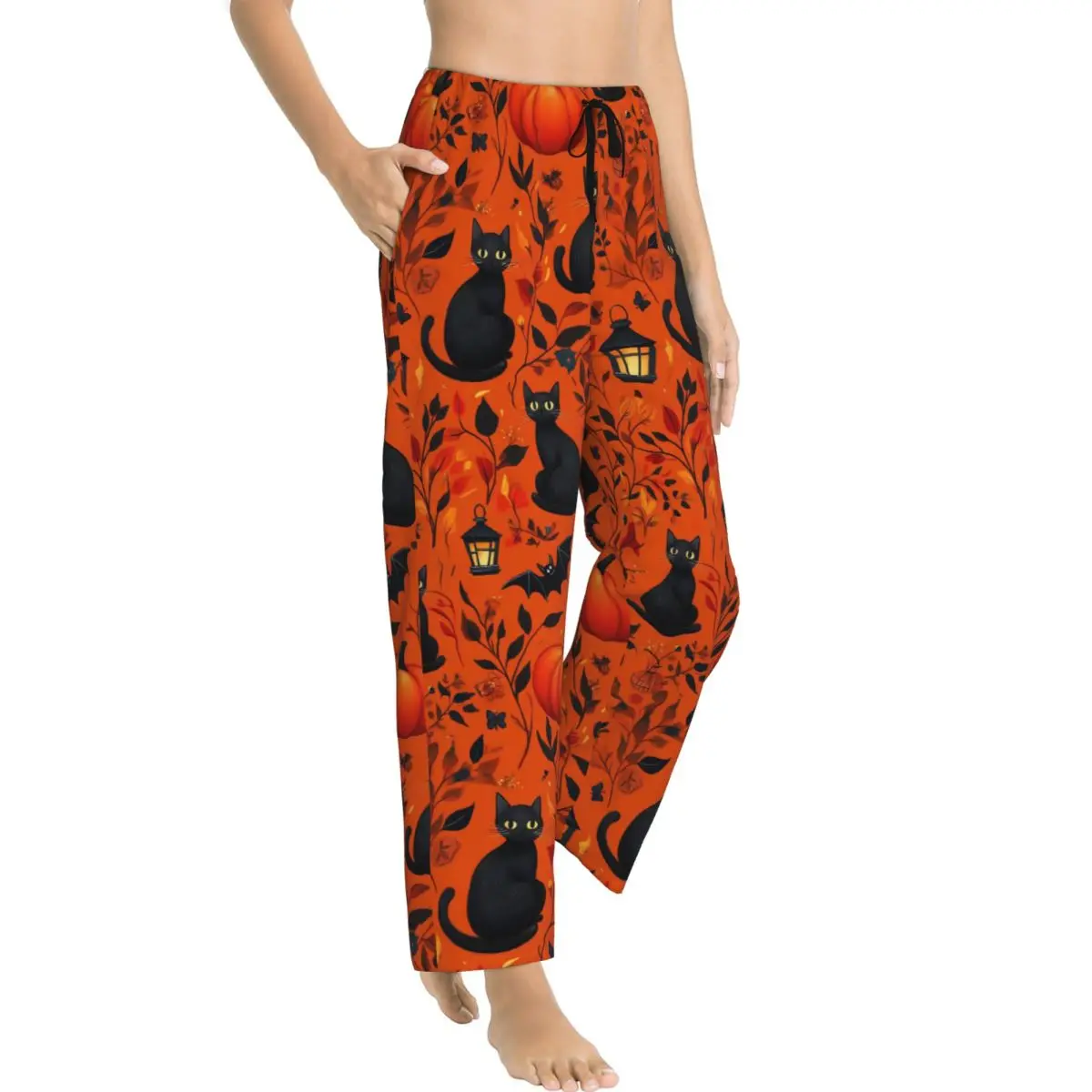 Halloween Ladies Loungewear pants Loose-Fit Black Cats Pumpkins Cute Pyjama Pants Dorm Pajama Bottoms