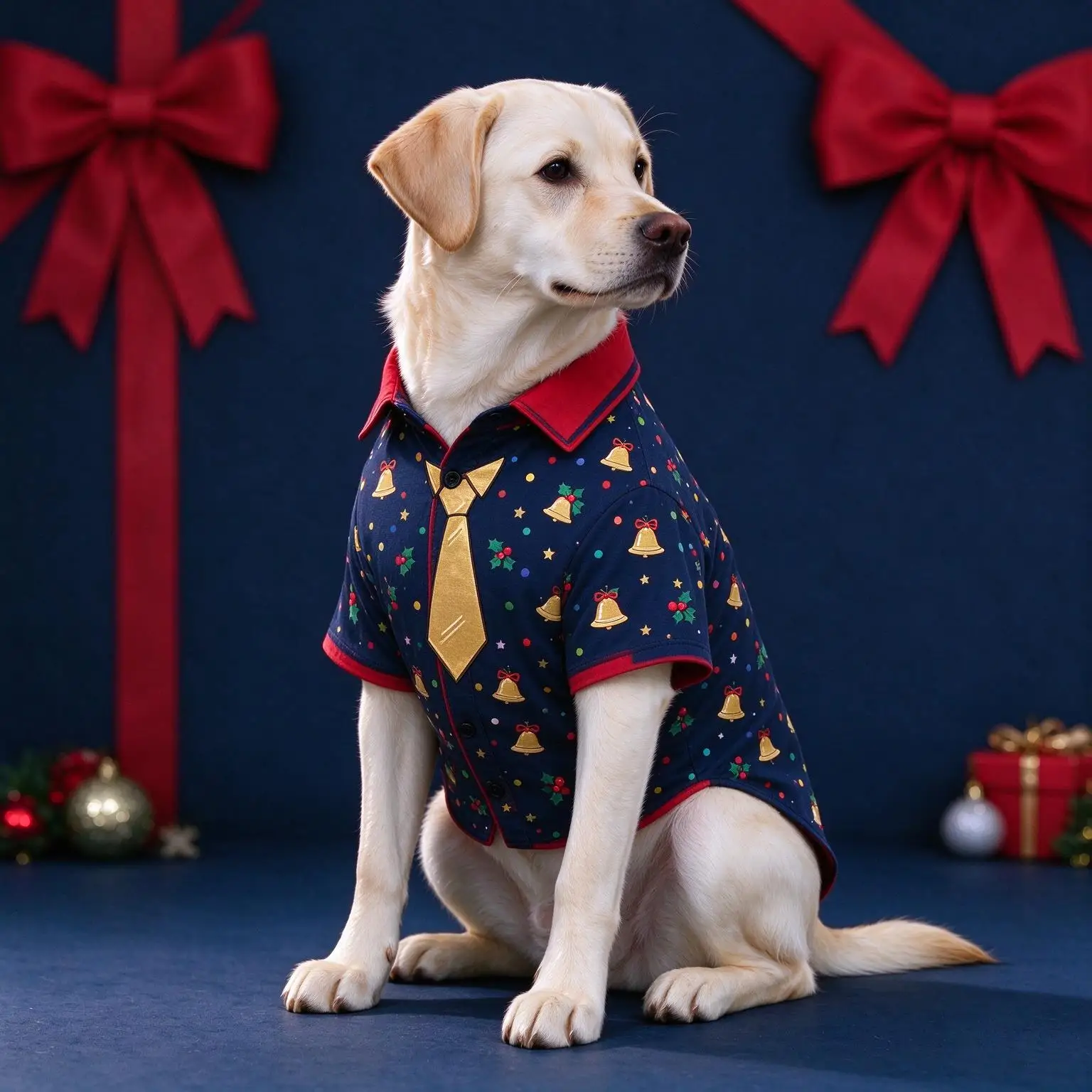 Pet Christmas Button Down Shirt, Cute Penguin Bell Xmas Element Print Clothes for Cats & Dogs, Short Sleeve Lapel Outfit