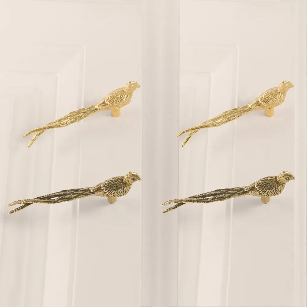Retro Longtail Bird Brass Handle Vintage Furniture Hardware Cabinet Door Knobs Push-pull Single Hole Wardrobe Drawer Pulls