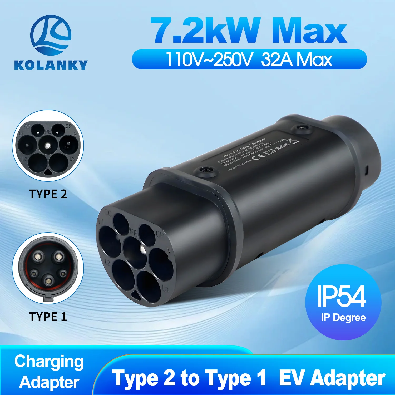

Kolanky 32A 7.2KW Type2 To Type1 EV Charger Adapter Home Charging For US Electric Vehicle Cars SAE J1772 Car Socket