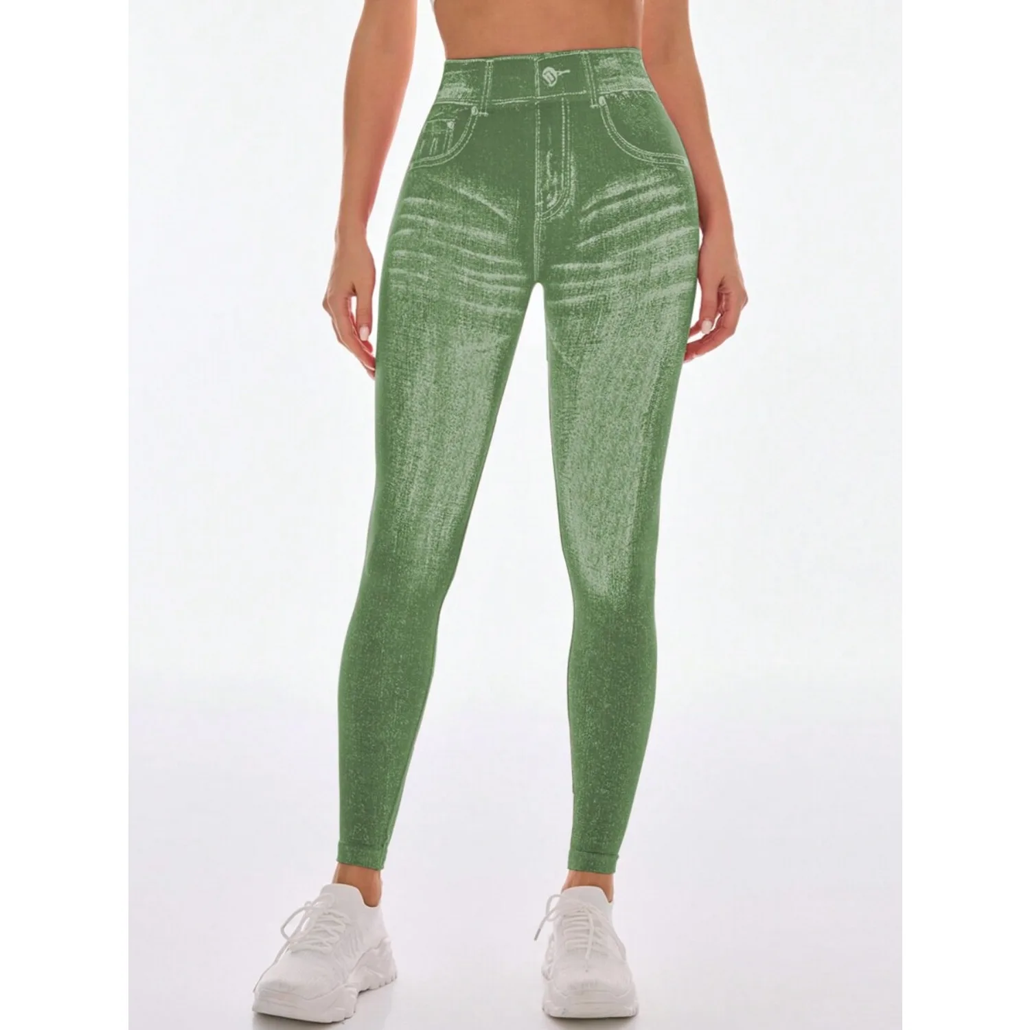 Pantaloni da yoga stampati in denim da donna senza cuciture con vita a V e fianchi color pesca Pantaloni attillati sexy alla moda Pantaloni da palestra per esercizi di yoga