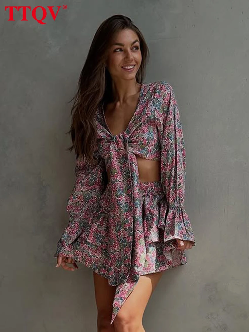 

TTQV Sexy Loose Print Women's Two Pieces Set 2026 Elegant Long Sleeve Shirt With High Waist Mini Skirt Set Female Clothing