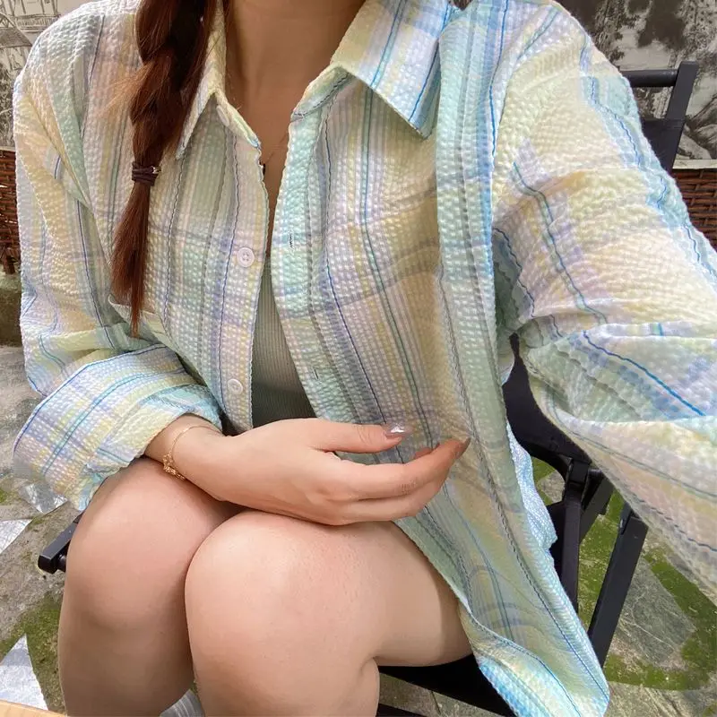 

Mint Green Mambo Plaid Shirt Women's Summer 2024 New Thin Sunscreen Long Sleeve polo Collar Loose Slim Sunscreen