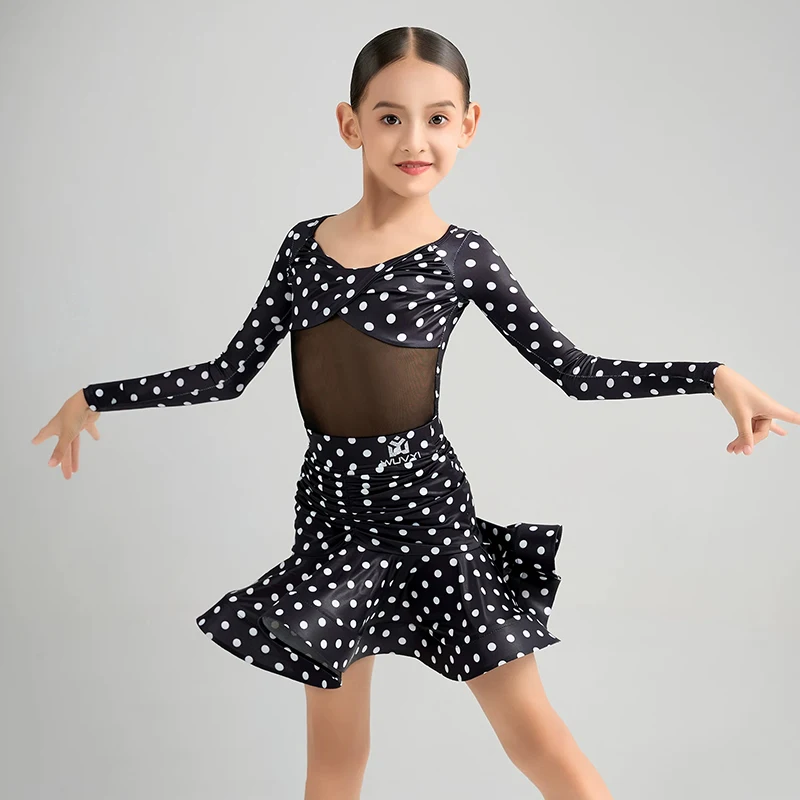 2026 Latin Dance Competition Clothing For Girls Long Sleeved Split Skirts Ballroom Suit Rumba Kids Chacha Latin Wear DQS24736