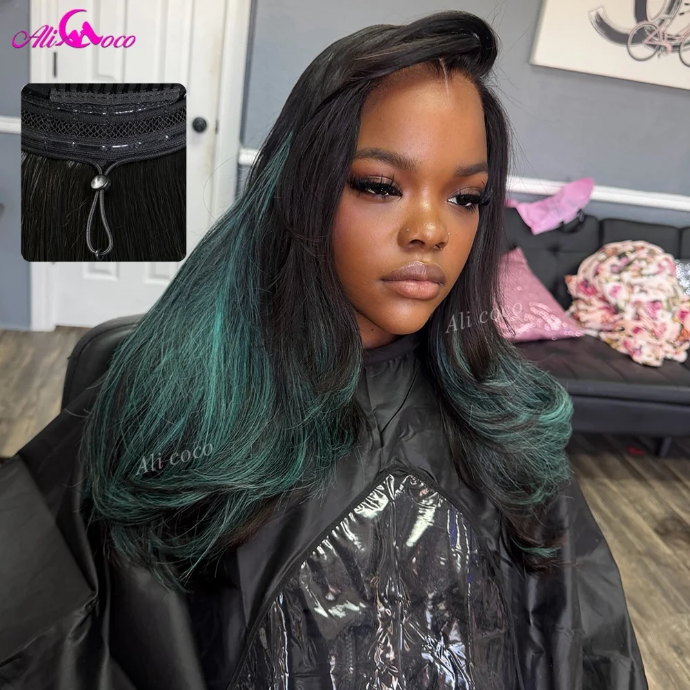 Highlights Blue Green Real Human Hair Wigs Pre-cut 180 Density Invisible HD Glueless 13X6 Lace Front Body Wave 13X4 Drawstring