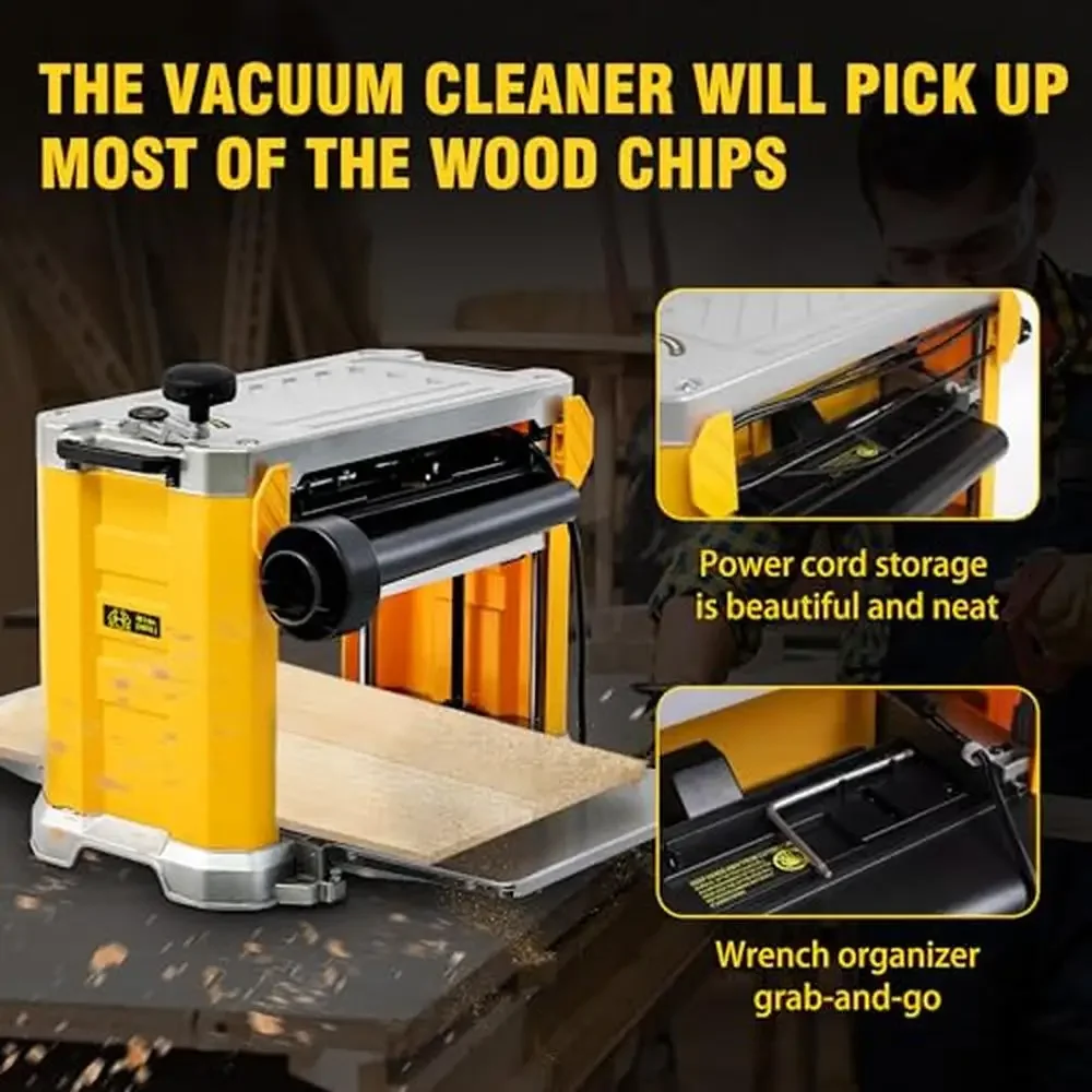 Benchtop Thickness Planer Three-Solid Steel Blade 2000W 15-AMP 20,000 RPM Cutter-Head Speed Dust Removal System Stability
