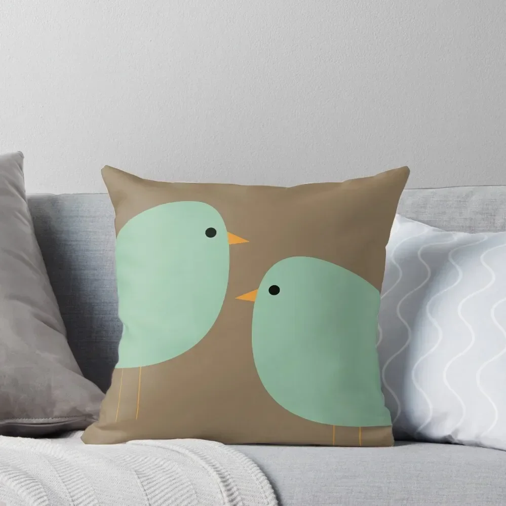 

Cute Bird Pair (Larger) in Celadon on Cocoa Brown Background. Minimalist Mid-Century-Modern Design Throw Pillow