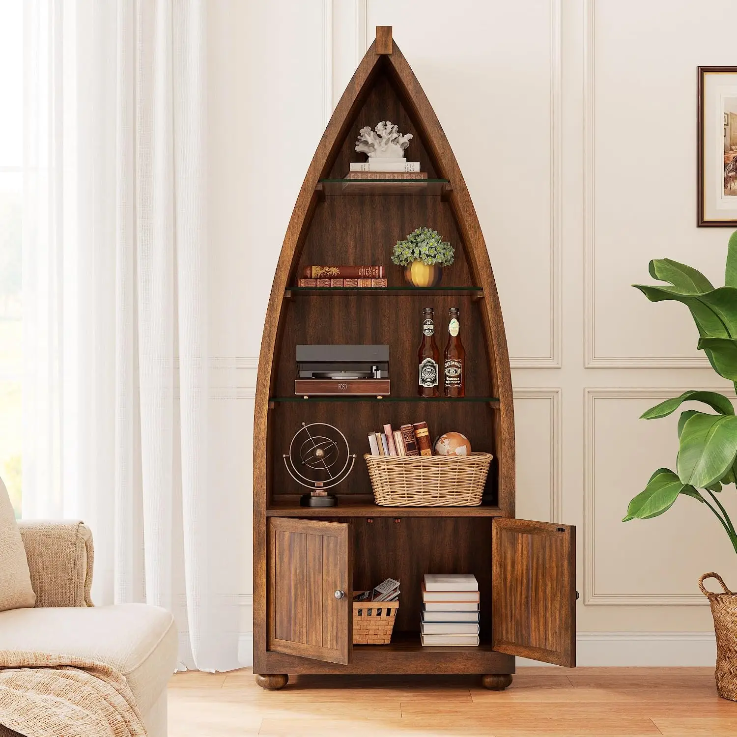 Boat Shaped Bookcase Glass Shelves 5-Tier Display Storage Living Room Office 71