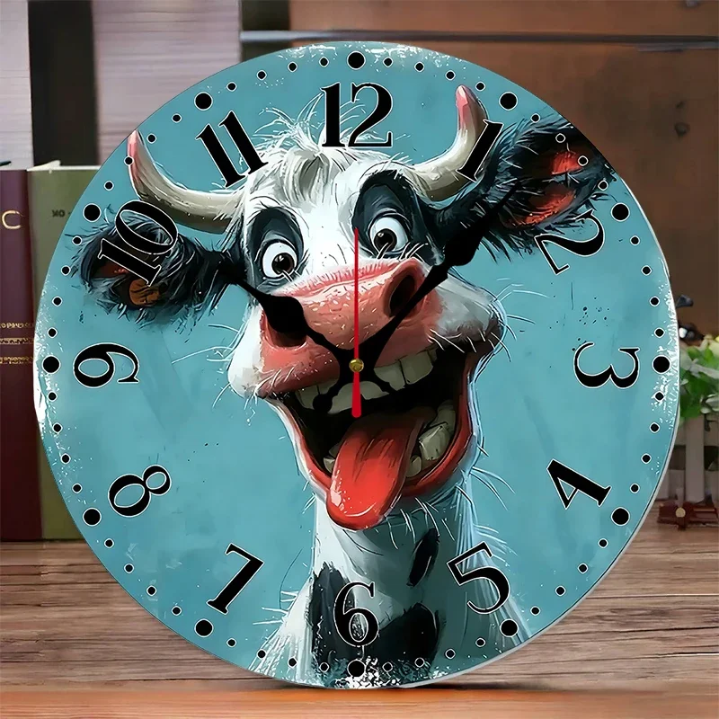 Creative Cow Design Wooden Round Silent Hanging Wall Clock, Suitable For Living Room, Office,Study Room,Bedroom, Home Decoration
