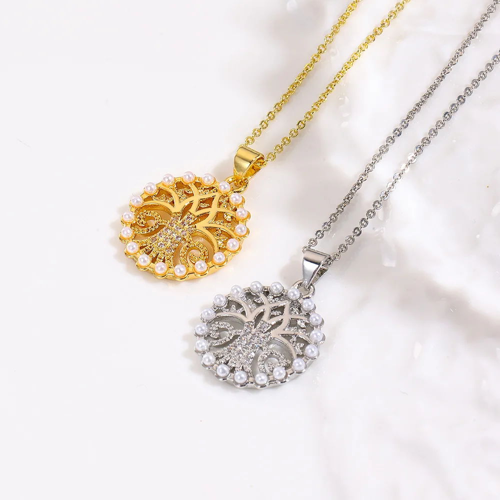 

4 Copper Versatile Fashion Geometric Round Imitation Pearl Tree of Life Necklace Pendant DIY Jewelry Accessories Party Gifts