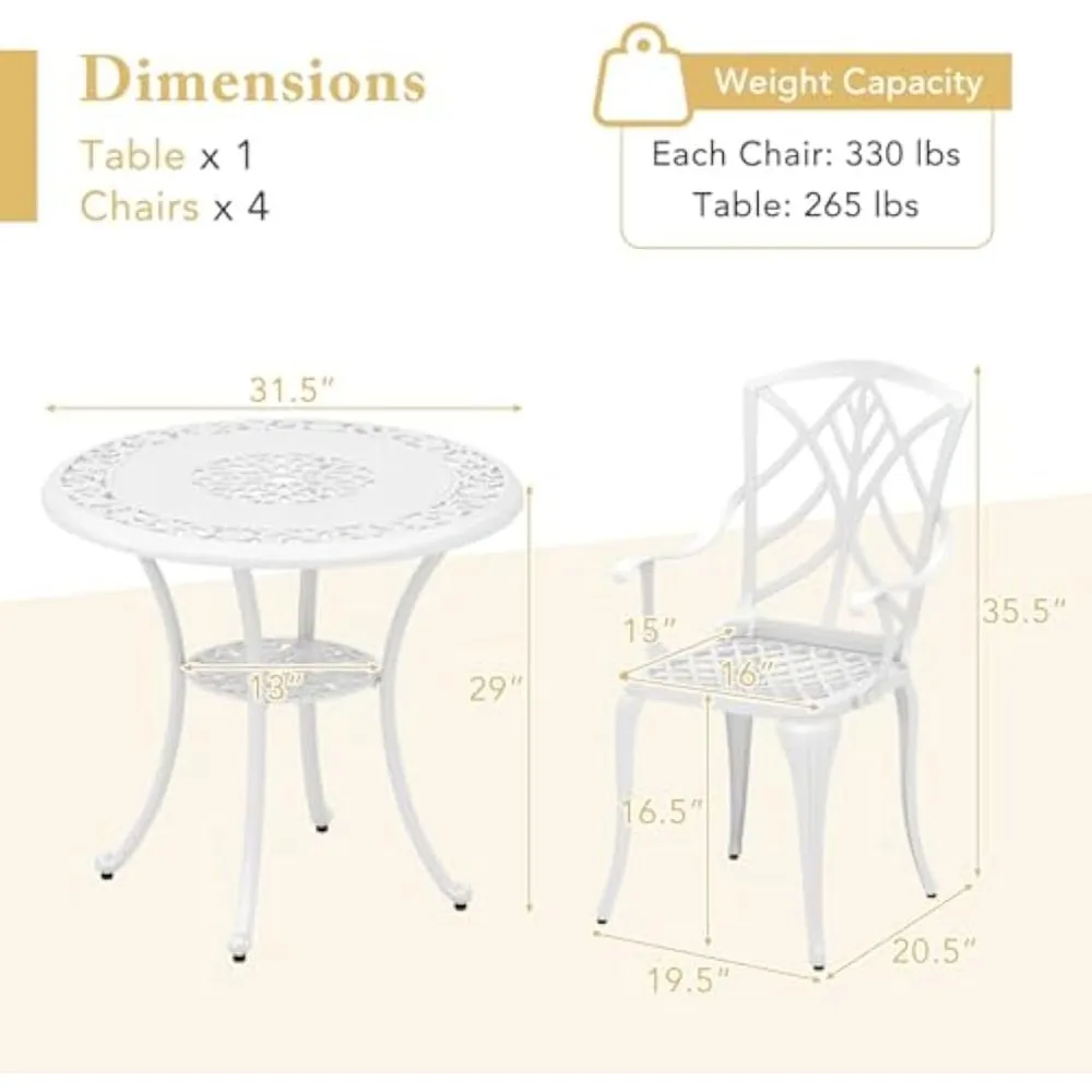 Round Cast Aluminum Outdoor Dining Set with 5 Pieces, Including Table and 4 Armchairs, Designed for All-Weather Use