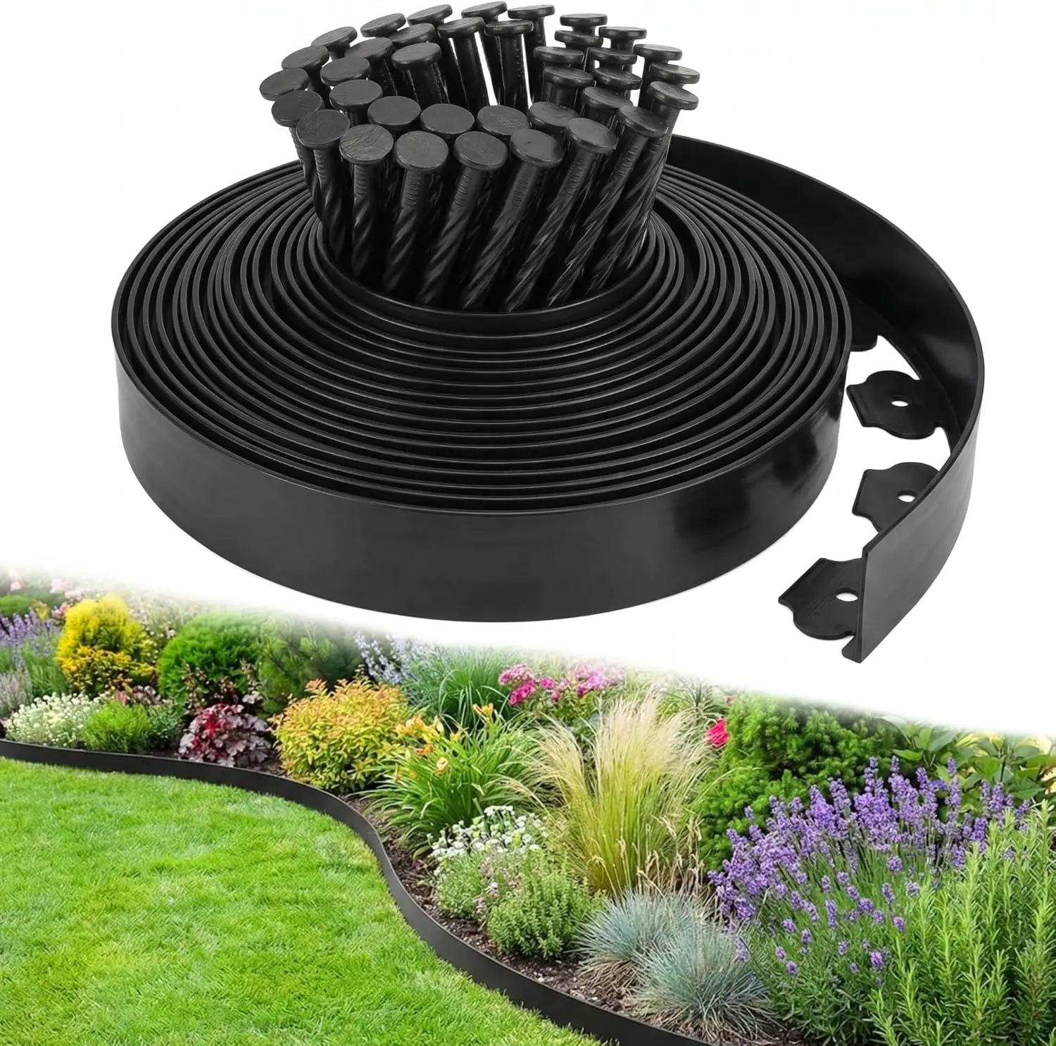 Borde para Jardín, 33 Pies/10 Metros, Borde Flexible de Plástico Negro para Césped con 30 Estacas Reforzadas, Borde para Césped de 4.6 cm de Alto