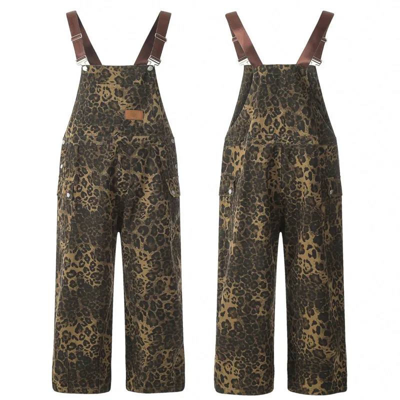 2024 Otoño retro calle mono con estampado de leopardo con diseño moderno de estilo Instagram, pantalones mono casuales sueltos y de pierna ancha