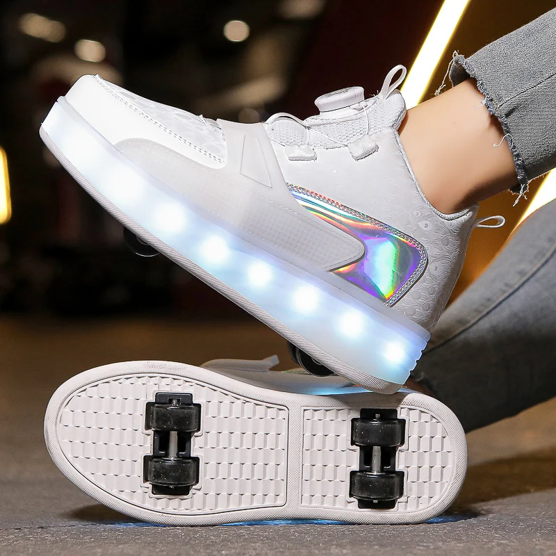 Trend Kids 4 Wheels Roller Skate Shoes for Boys Girls Swivel Buckle LED Light Luminous Sneakers Outdoor Children\'s Casual Shoe