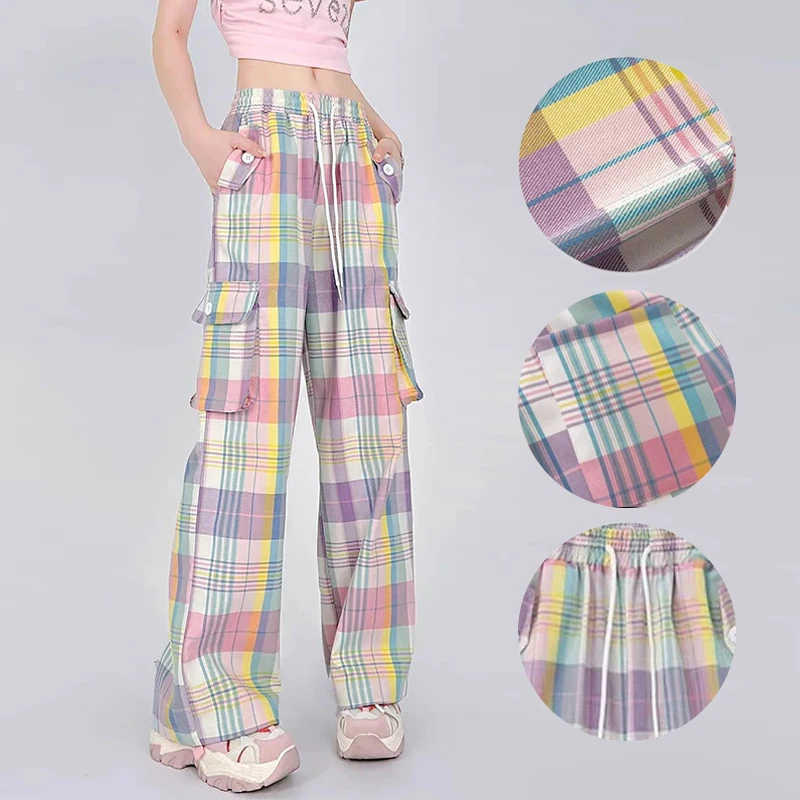 Girls Cargo Pants Y2k Streetwear Overalls Women\'s Spring Fashion Colorful Plaid Multi Pocket Sweet Cool Straight Wide Leg Pants