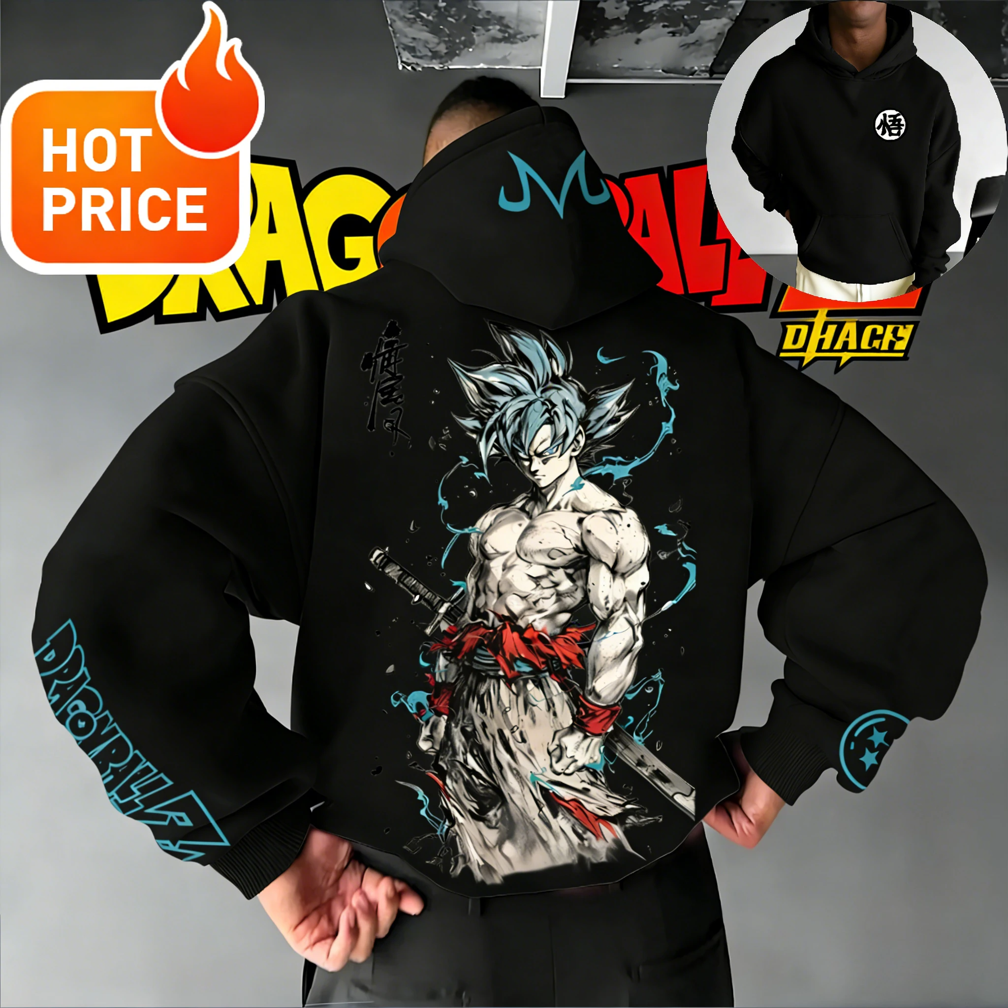 

Толстовка с капюшоном из флиса «Драгон Болл Супер Сайян Блю Самурай Гоку» на осень-зиму 2026 – Теплая спортивная толстовка унисекс с аниме-графикой