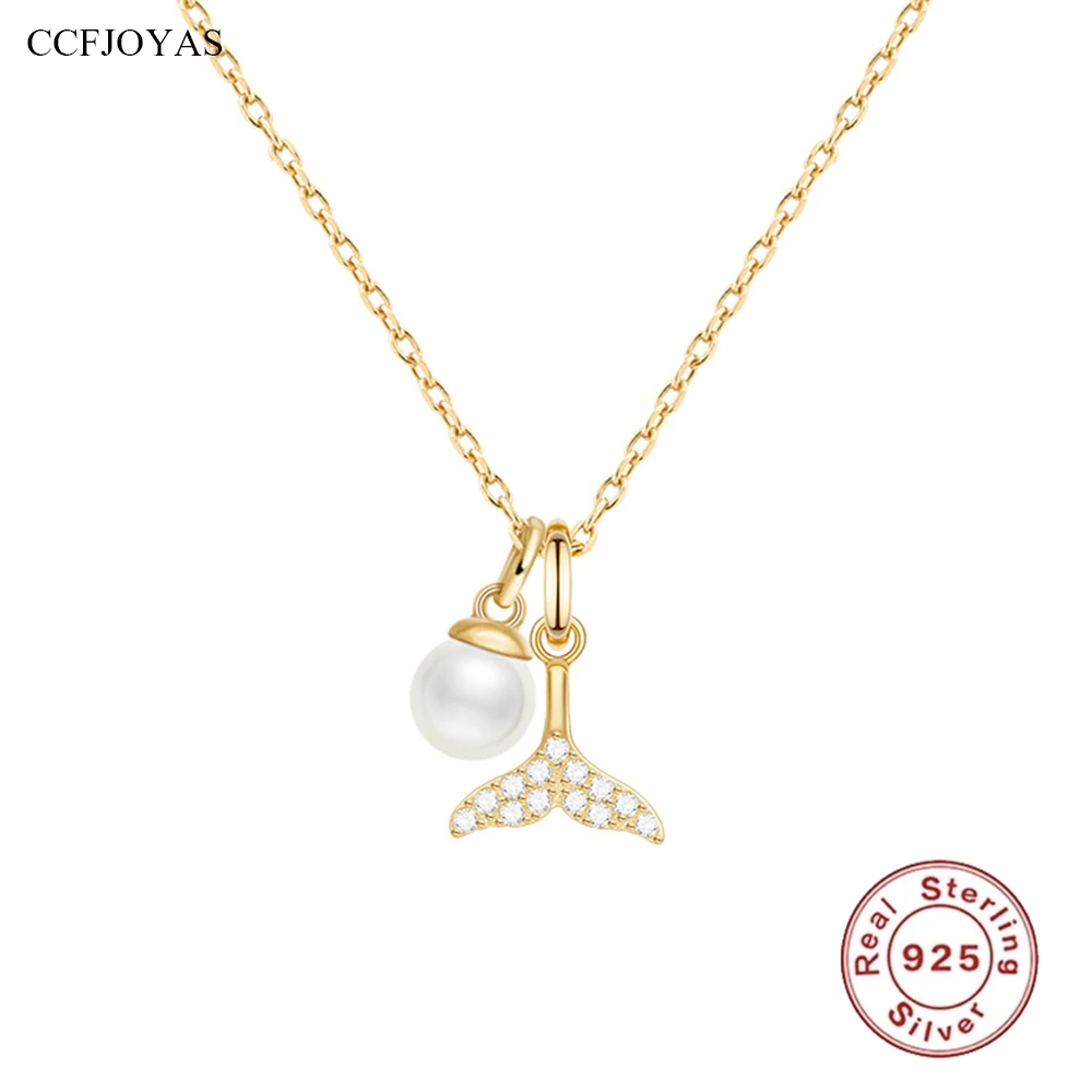 CCFJOYAS 925 Sterling Silver Pearl Fishtail Pendant Necklace Women Exquisite 18K Gold Plated Clavicle Chain Necklace Wholesale