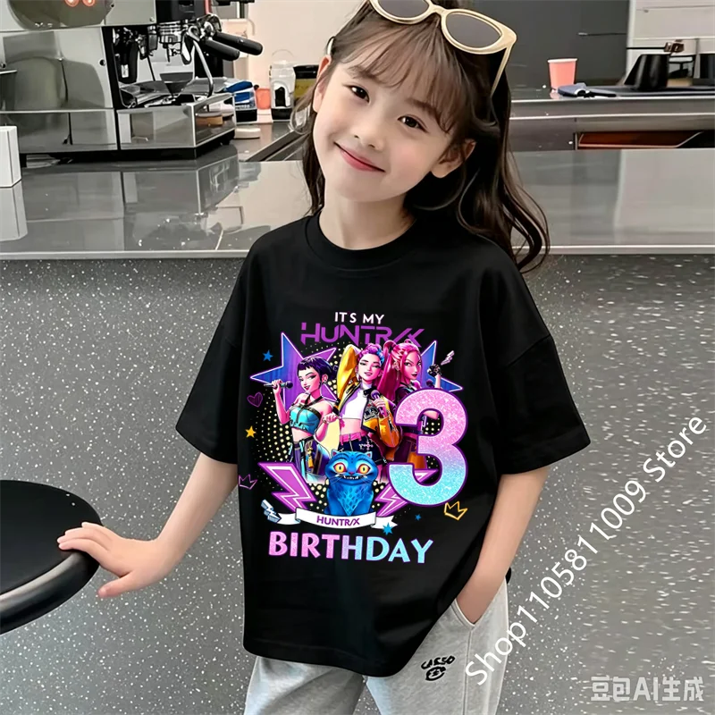 K Pop Demon Hunters Kids T-shirt Kawaii Cartoon Birthday Number1-9 Printed Tops Girls Tee Summer Short Sleeve Children Clothing