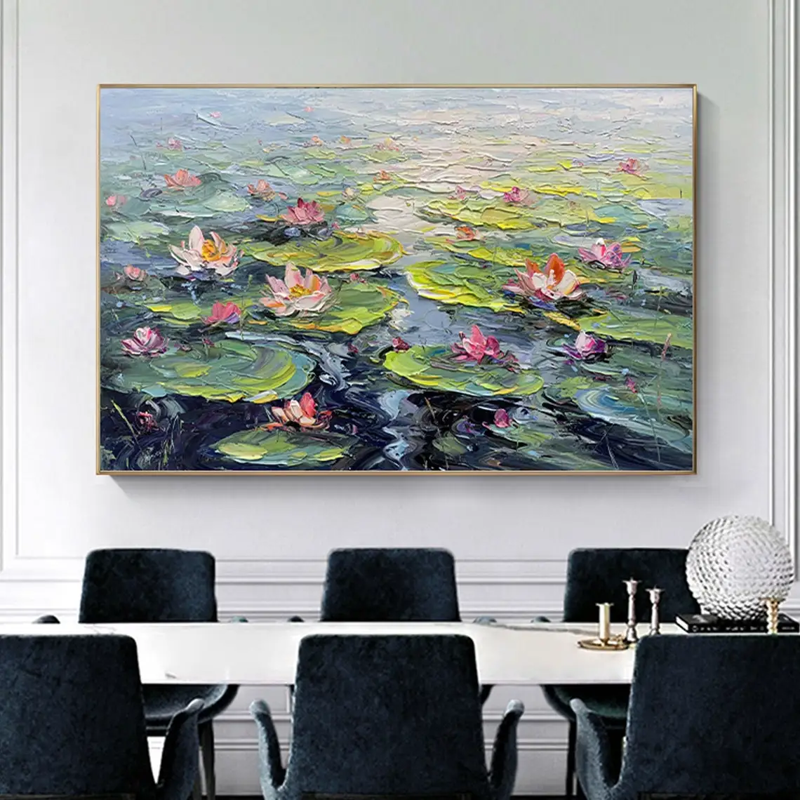 

Lotus Flower Hand Painted Oil Paintings On Canvas Large Wall Art Green Textured Painting Water Lilies LotusHome Oil Painting