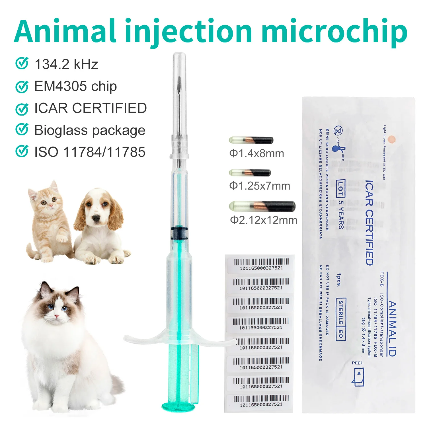 Jeringa Universal estándar para Microchip de mascotas, etiquetas de identificación de mascotas, 100 KHz, ISO11784/5 FDX-B, Microchip de 15 bits para