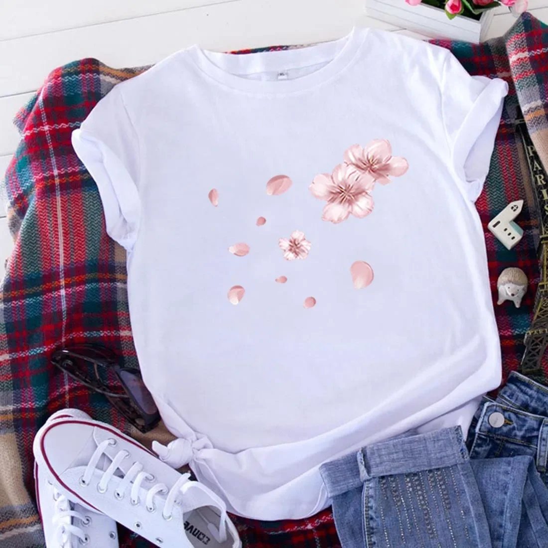 2020 Fashion Cherry Blossom T Shirt Women Harajuku Summer O-neck Loose Short Sleeve T-shirts Femme Streetwear y2k Clothes Tops