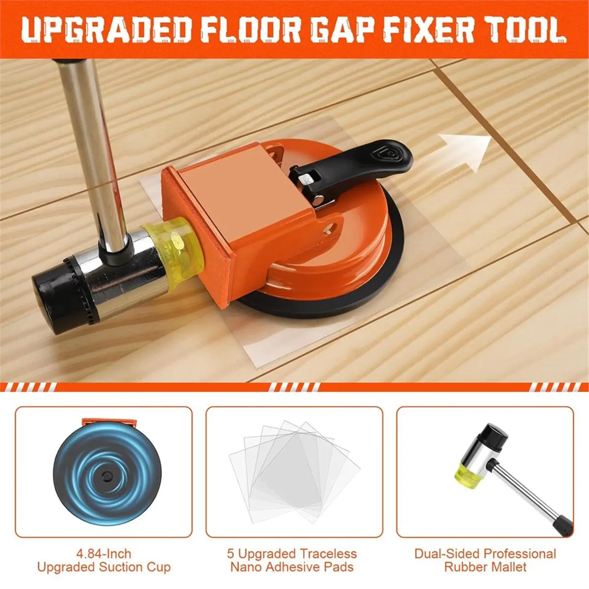 DT38 Floor Gaps Fixer Tool Kit with Suction Cup, Rubber Mallet & 5 Reusable Sticky Pads for Laminate and Vinyl Repair Kit