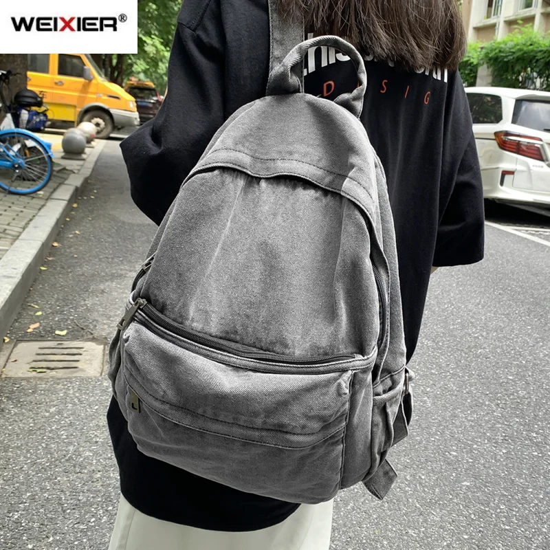 New Gray Denim Backpack Women's Leisure Travel Outing Shoulder Bag Female Fashion Schoolbags Suitable For Boys And Girls Mochila