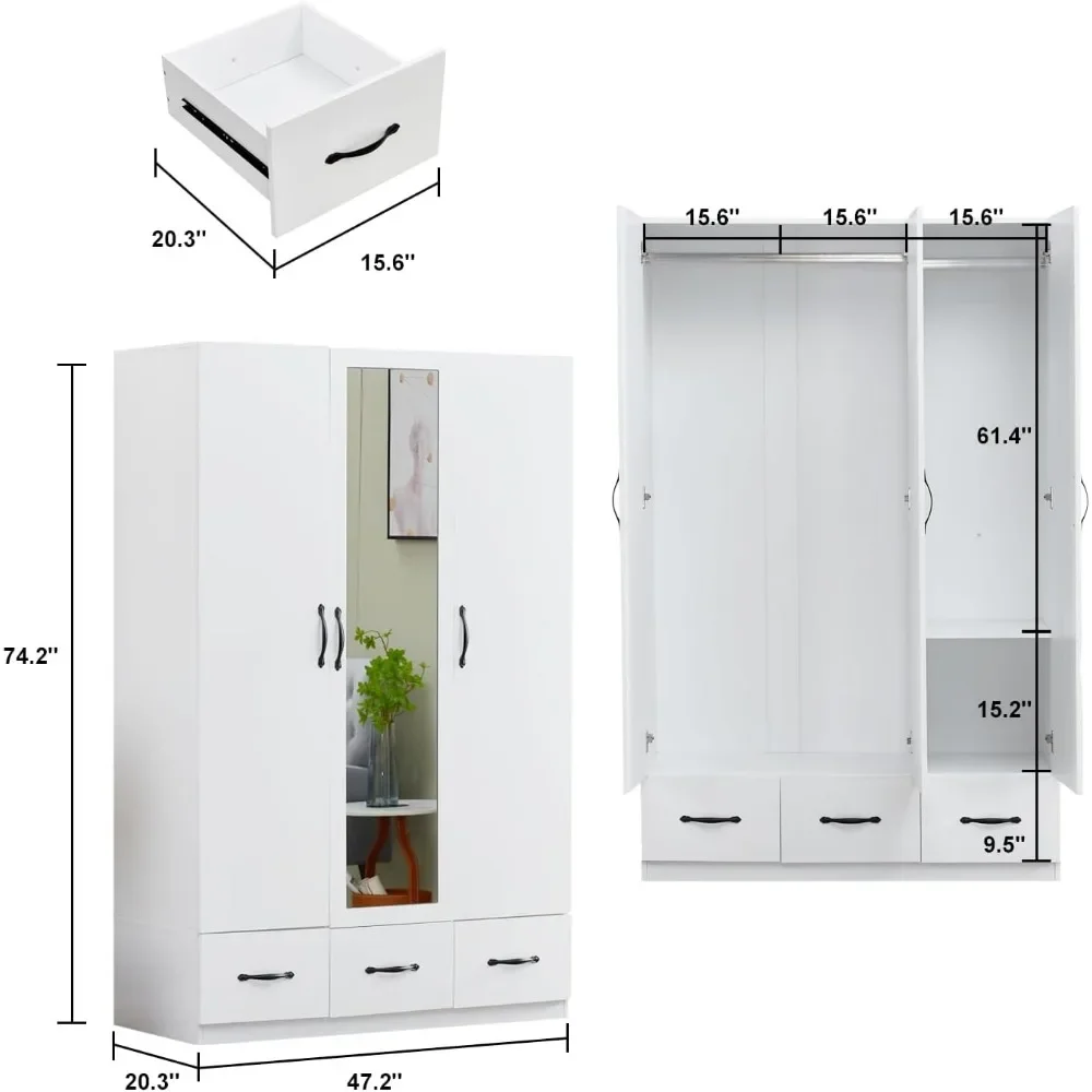 74,2" H spiegel 3 deuren kast kledingkast 3 laden wit hout kledingkast kast hangende staaf houten kledingopslag, kledingkasten