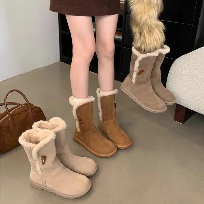 

Women 2026 Winter New Cow Horn Buckle Thick - Soled Snow Boots Fur One Piece Anti - Slip Warm Snow Cotton Boots