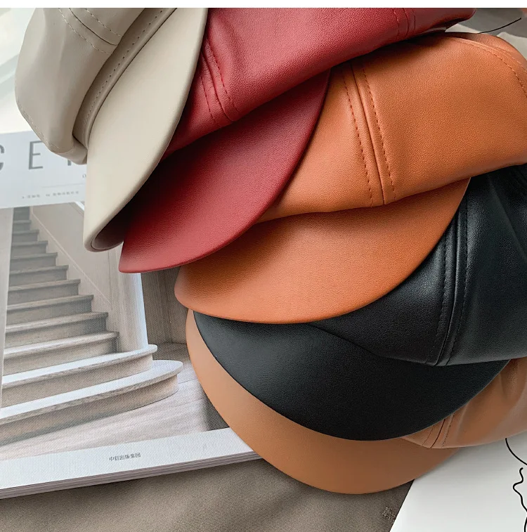 Fashion Leather  Cap Quality Artist PU Leather Female Korean Octagonal Cap Spring Winter Casual Beret Women Flat Hat