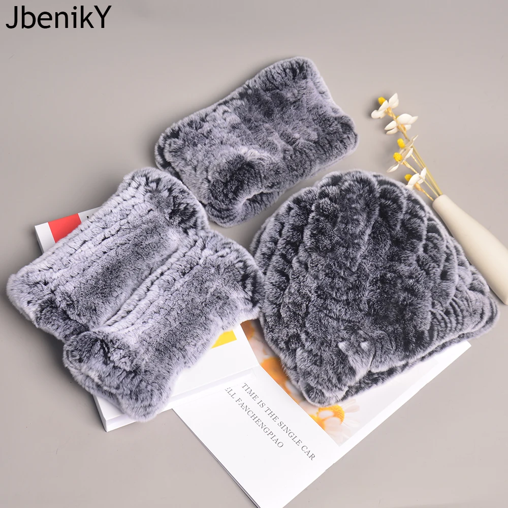 Women Winter Knit Elasticity Real Rex Rabbit Fur Hat Scarf Gloves Sets Natural Warm Rex Rabbit Fur Cap Scarves Mittens 3 Pieces