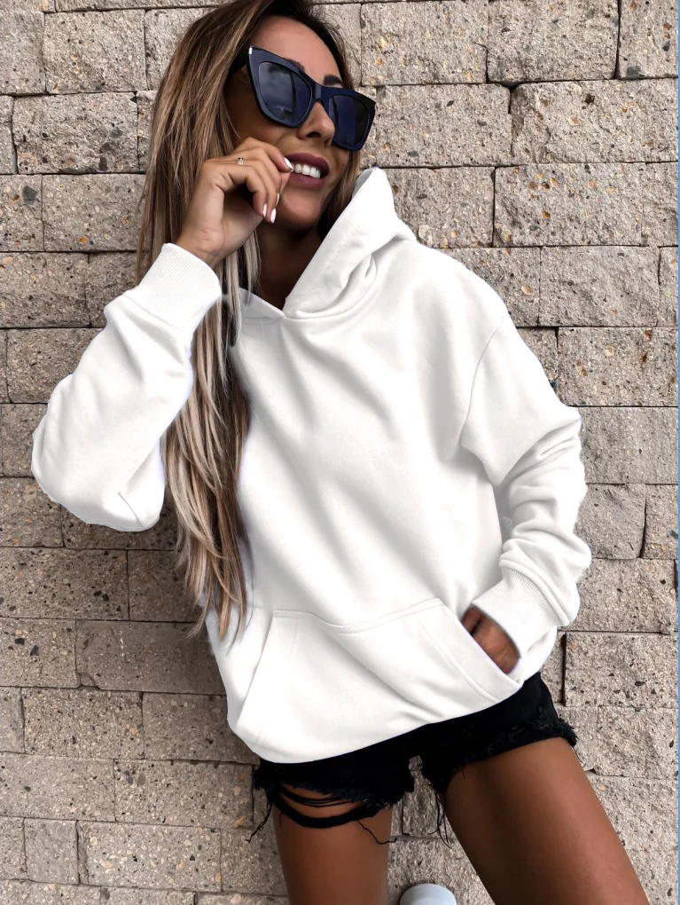 2021 Hot selling Autumn and Winter Fashion Women's Long sleeved Casual Pullover Top Solid Color with Pocket Pullover Hoodie