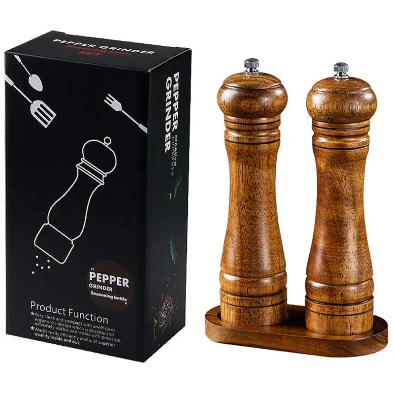 5/8/10 Inch Solid Wood Salt and Pepper Mills Sets,Spice Grain Grinder with Adjustable Ceramic Core Grinding Kitchen Shaker Mills