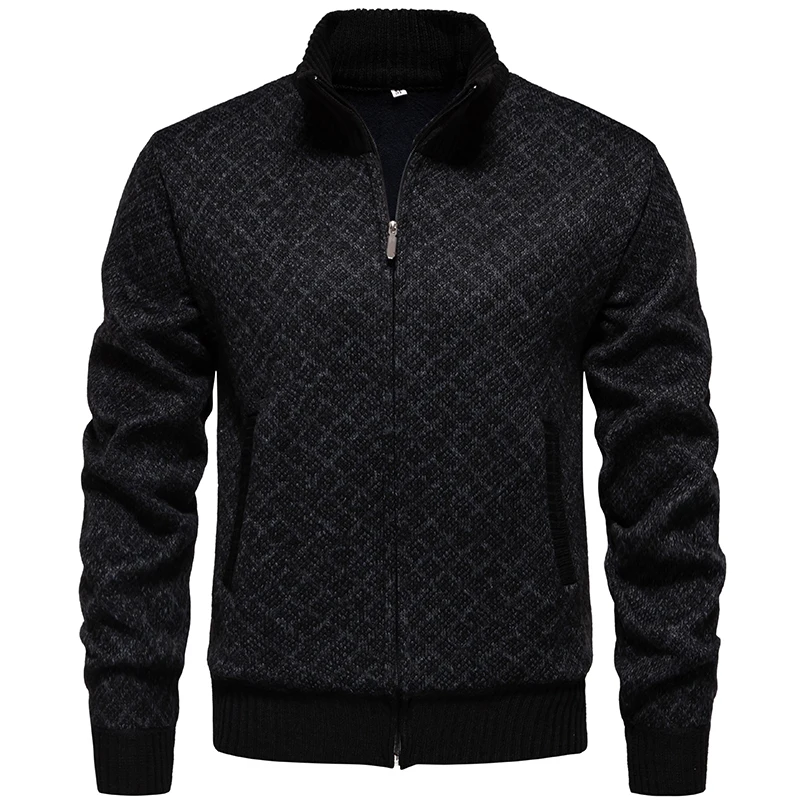 Homens de malha cardigan camisola casaco 2024 coreano outono inverno quente grosso xadrez zip casual gola alta jaqueta de lã roupas masculinas