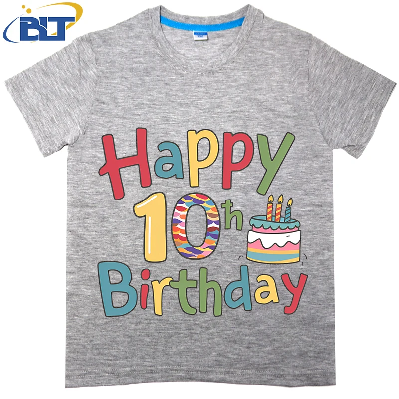 Feliz 10 ° aniversário impresso t-shirt para menino e menina, manga curta algodão top casual, adequado para o verão