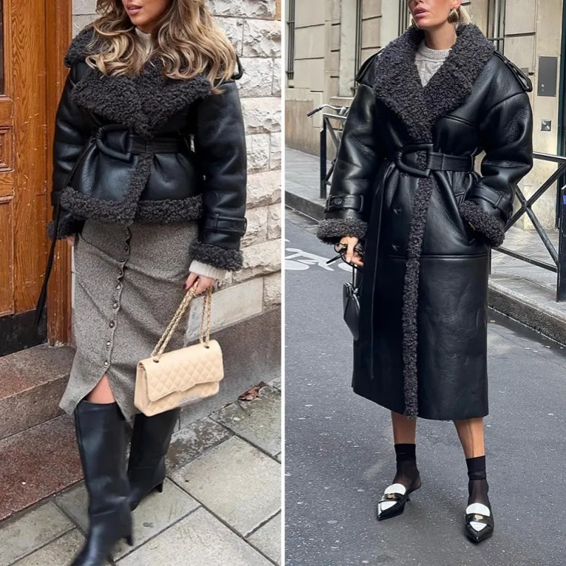 

High Street Style Leather Collar Coat Solid Color Belted Leather And Fur Jacket New Stylish Autumn-Winter Warm Long Women's Coat