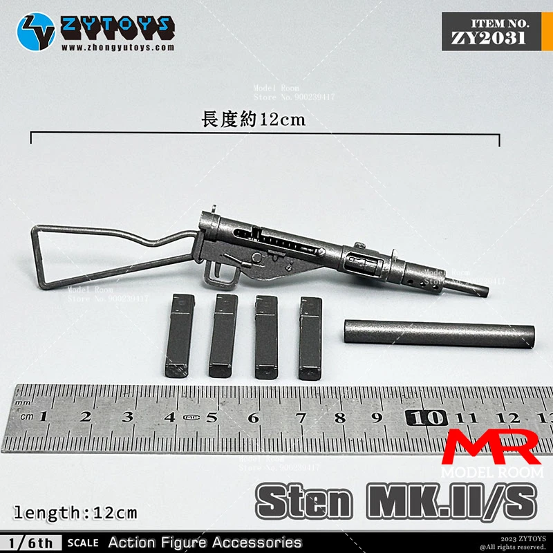 ZYTOYS ZY2031 Escala 1/6 Modelo de Pistola Subfusil Sten MK.II/S, Accesorios de Escena, Compatible con Figuras de Acción de Soldados de 12 Pulgadas